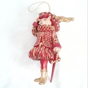 Cat Musketeer w Sword Christmas Holiday Ornament 6" tall Red Gold Renaissance